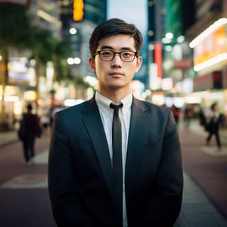 a handsome Chinese guy with a black three-quarter haircut black square-rimmed glasses a dark green half-sleeved shirt and a