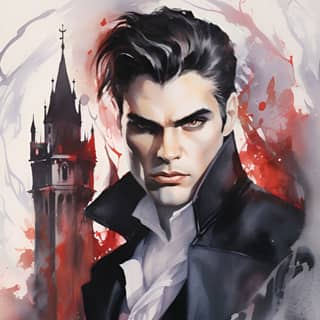 a handsome vampire man with glowing red eyes, a vampire with a castle in the background