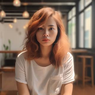 hyper realistic 1:1, with red hair sitting in a chair