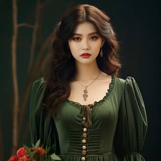 Uma mulher com um vestido verde segurando flores.