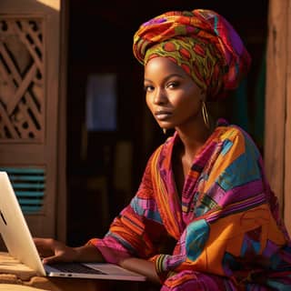 sitting at a computer n a Village in Africa Vibrant color clothes Photography for essence magazine cover Dynamic poses