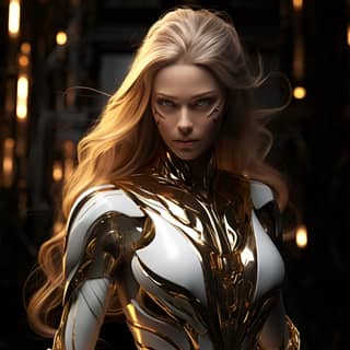 Una mujer en un traje dorado y blanco con los ojos bien abiertos, que se asemeja a un superhéroe digital de anime.