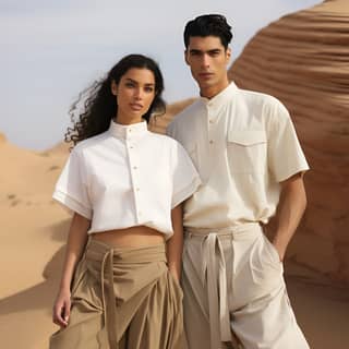 Mujer vistiendo una colección unisex de dos piezas se encuentra en el desierto egipcio, con prendas inspiradas en el Antiguo Egipto y Remember The Time de Michael Jackson.