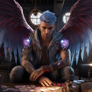 a very young male muscular seraph in photorealistic portraits full body with four eyed wings tattooed with eyes in blue-red