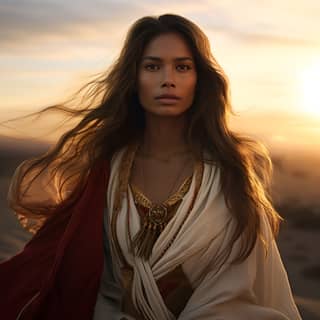 Una donna in abito tradizionale sta nel deserto tenendo una spada e una tazza, con il sole che sorge all'orizzonte.