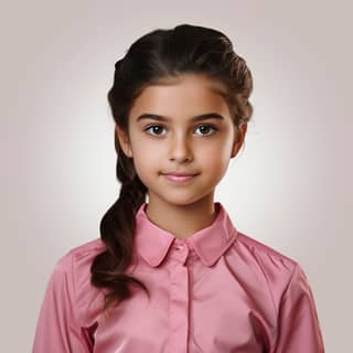 A 10 year old Kuwaiti female on a white background with brown hair wearing a pink shirt