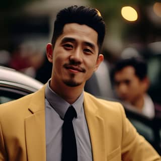 A 50-year-old Chinese man wearing a suit leaning against his car in a busy street looking ahead with a smile a true portrayal