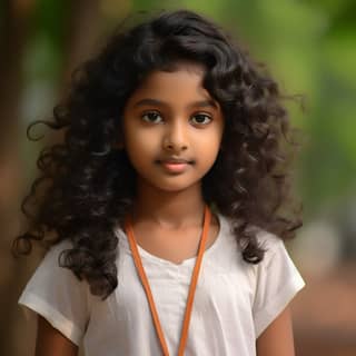 Navya Kumar is a 10 year old south indian girl with black curly hair and she is wearing white top