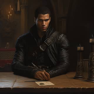 Taimak twenty eight years old sinister looking wearing tight leather assassin outfit sitting by a desk medieval setting