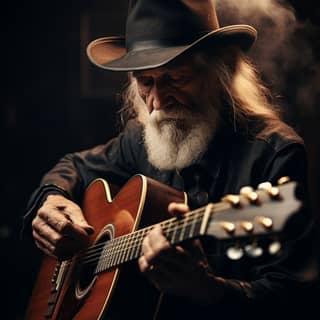 Un musicien âgé au visage ridé est concentré sur la pratique d'une guitare acoustique classique, vêtu d'un manteau noir digne et d'un chapeau à large bord sombre, avec une longue barbe blanche ondulante. L'éclairage accentue la texture de sa barbe, les rides de son visage et le grain du bois de la guitare créant une composition sombre et artistique.