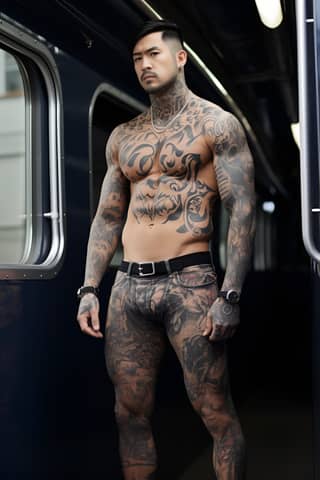 Modello di uomo bello asiatico con muscoli e tatuaggi che indossa mutande da bagno mimetico in piedi in un treno lucido e ultrarealistico.