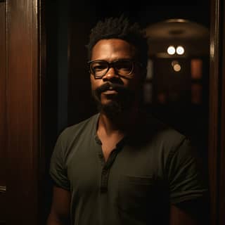 johnathan Vargas a stoic black man with glasses moustache beard