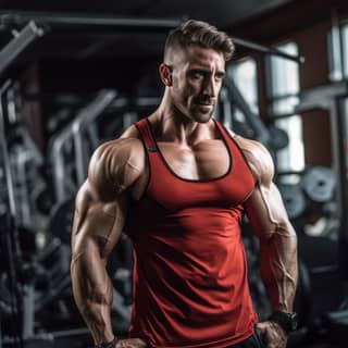 ripped man in gym with large pec chest muscles, in a red tank top standing in a gym