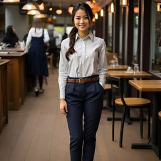 Garçonete coreana sorridente usando calças azul marinho simples e uma camisa branca em um restaurante.