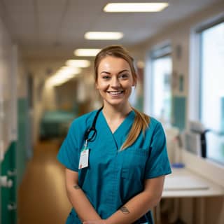 Une infirmière se tient dans le couloir d'un hôpital, souriante.