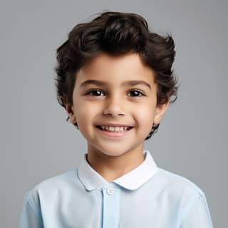 wearing a blue shirt, portrait of a cute little boy smiling on grey background