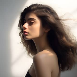 20 year old brunette side view, with long hair standing in front of a window