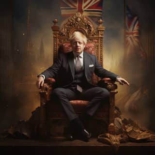 Boris Johnson as a king sitting on the throne in a business suit