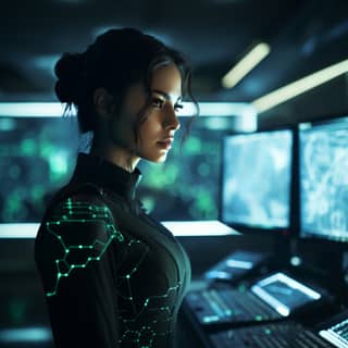 Una scena di un film mostra ancora una cyber ufficiale femminile in dettaglio in una scena di cyber guerra.