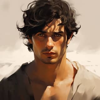 He's tall with windblown black hair and dark brows The line of his jaw is strong and covered by warm tawny skin and dark