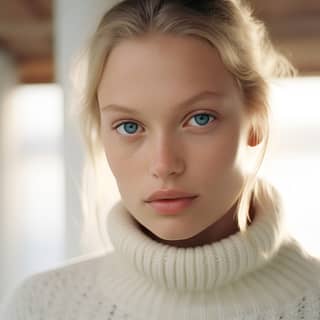 a Nordic model that is a close up with a realistic face muted colors bokeh