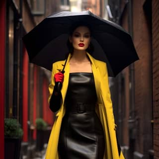 Rain cascades down a stark brick alleyway as a gorgeous model strides confidently through the saturated scene in spiked