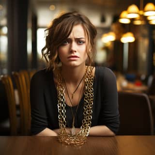 Une femme avec une expression exaspérée portant un grand collier en chaîne dorée.