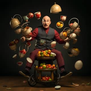 a bald man juggling plates on a tricycle, is sitting on a chair with a basket full of fruit and vegetables