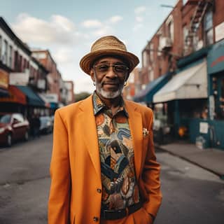 in brooklyn new york, an older man in an orange suit and hat