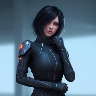 Un personnage futuriste aux traits asiatiques et un bras prothétique robotique tenant une boule rouge brillante dans un environnement high-tech.