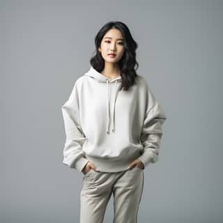 a chinese female model wearing a comfortable sweatshirt standing in front of a white backdrop shot from a low angle using