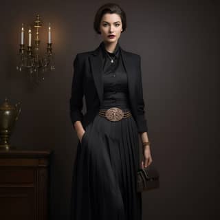 fasion portfolio photoshoot black elegance very elegant high waist long skirt with elegant vest and elegant jacket for