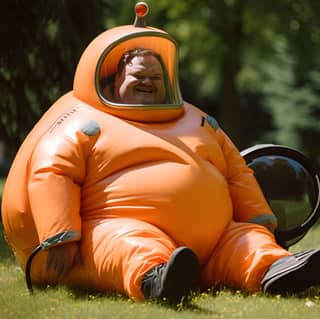 Un homme gros en combinaison spatiale gonflable orange est assis dans le parc, souriant et extrêmement heureux par une journée ensoleillée.