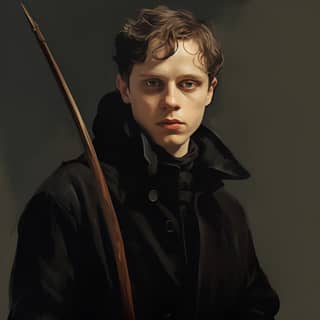 a feckless youth unattractive in a black woolen coat full of self doubt holding a longbow