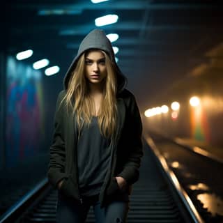 long tight curly blonde hair skinny jeans combat boots hoodie oval face beanie posing on railroad tracks a boxcar covered in