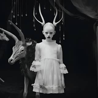 macabre monochromatic, girl in a dress and horns stands next to a deer