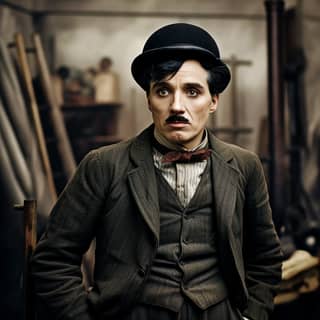 real charlie chaplin, in a suit and bow tie standing in front of a desk