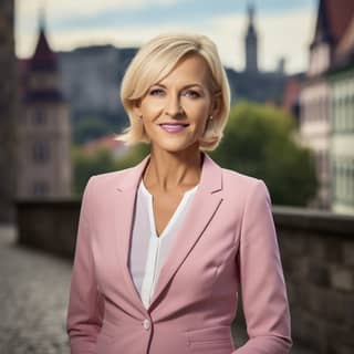 In einem rosa Anzug, vor einem Schloss stehend, eine inspirierende weibliche Politikerin Anfang fünfzig, blond, schlank, einfühlsam, aufmerksam für die Anliegen der Wähler, tief besorgt um ihre Probleme und Leben, mit einem klaren Fokus auf die Lebensqualität in tschechischen Dörfern und Städten, auch interessiert an Technologie und Innovationen.