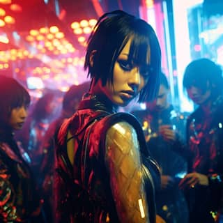 Folla di donne cyberpunk asiatiche che ballano in un nightclub con impianti oculari meccanici luminosi e pattern di pelle LED illuminata.