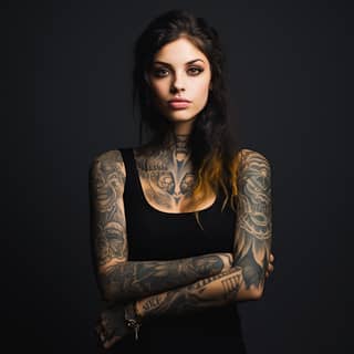 JPG 110mm lens 25-year-old woman intricate tattoos front view photoshot studio