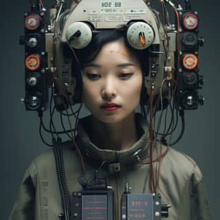 Mulher japonesa sem expressão usando um headset de máquina do tempo na frente de um painel de instrumentação de uma futura usina elétrica com vários botões e números.