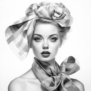 Pattern women portrait Dior style ribbon diamond, black and white woman with a scarf