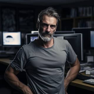 Enseignant de 50 ans fatigué, avec une barbe et des cheveux gris, debout devant un ordinateur dans une salle d'informatique.