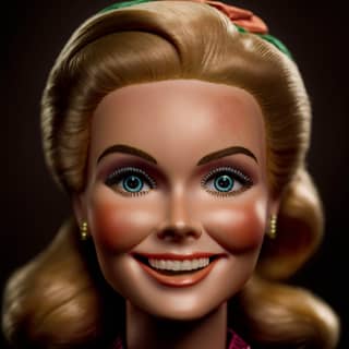 a Vintage smiling Barbie Doll close up wide smile perfect Barbie doll face close up big smile happy museum quality highly