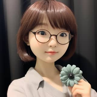 an asian beautiful girl age around 25 wearing balck low-cut sweater wearing Amber glasses clay