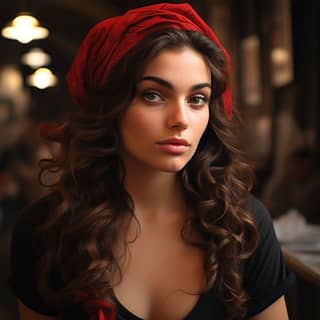 beautiful italian girl in her 20s face focused, with long hair wearing a red scarf
