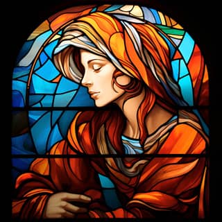 biblical woman in her 50s stained glass window, a stained glass window with holding a baby