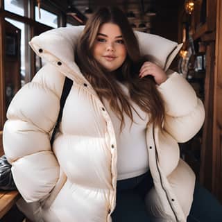 Garota universitária plus size com um casaco branco fofo e calças jeans.