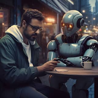 foto realista sobre un chatbot, sitting at a table with a robot