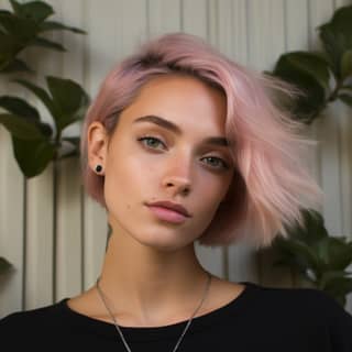 in front of a neutral cream wall with the edges of a plant in the corner She has pink hair with darker roots white skin and
